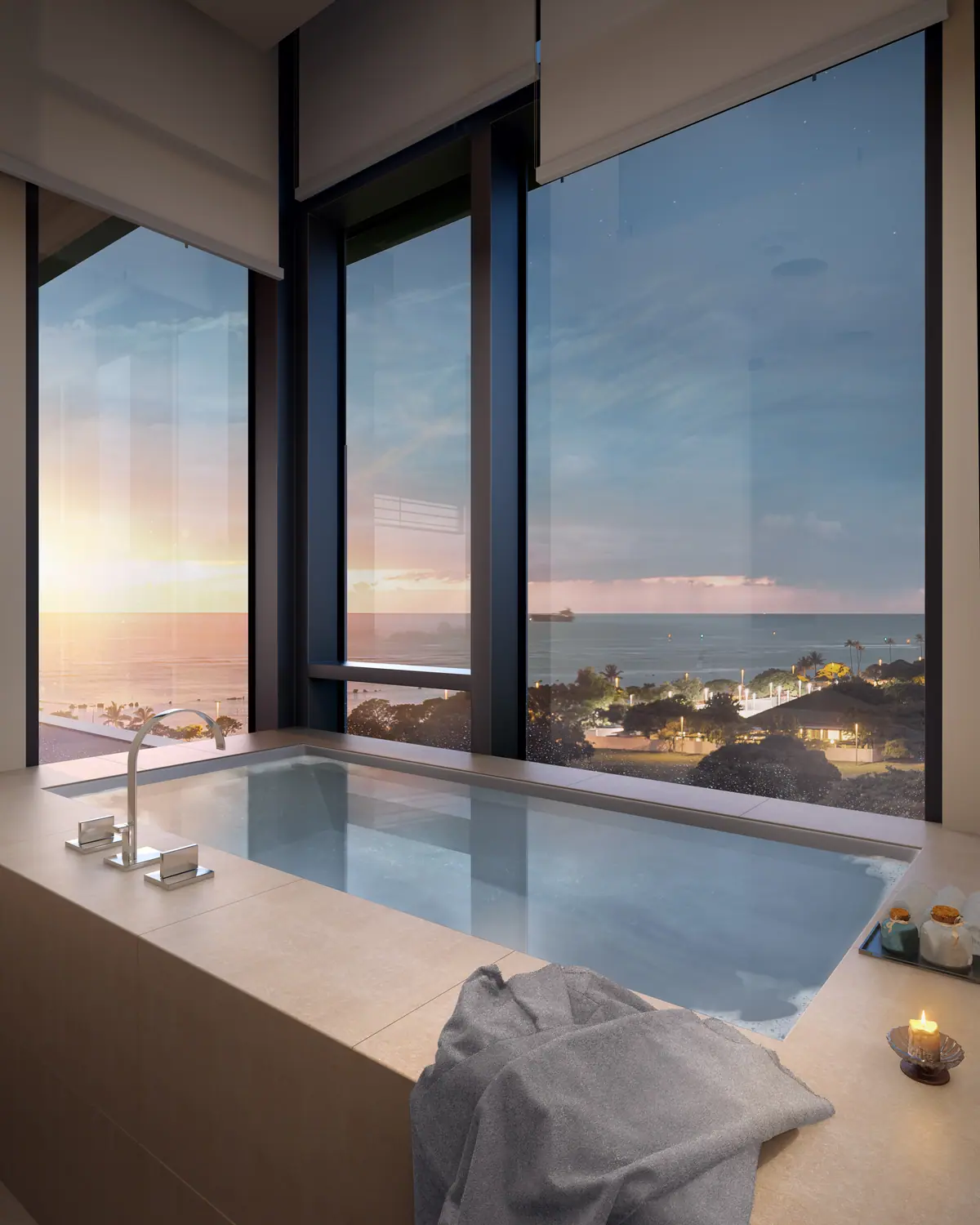 Bathtub facing a panoramic window with a sunset sea view
