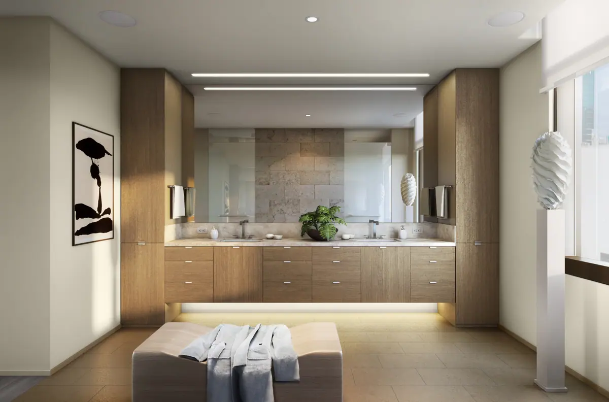 Light-wood bathroom with double vanity and indirect lighting