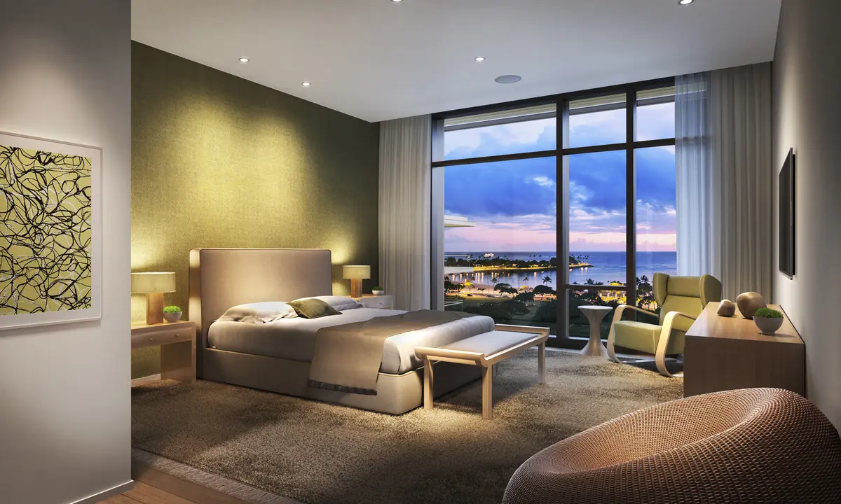 Bedroom with floor-to-ceiling windows and city view