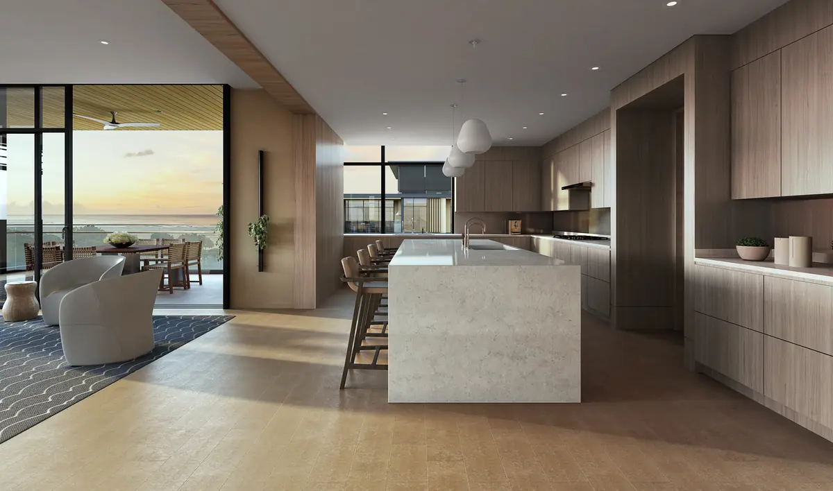 Kitchen with a light stone island and wood joinery