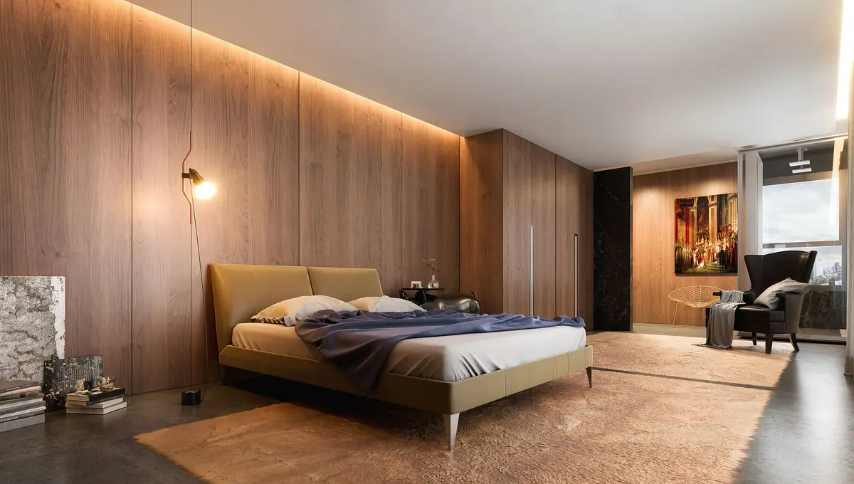 Bedroom with wooden headboard and warm lighting