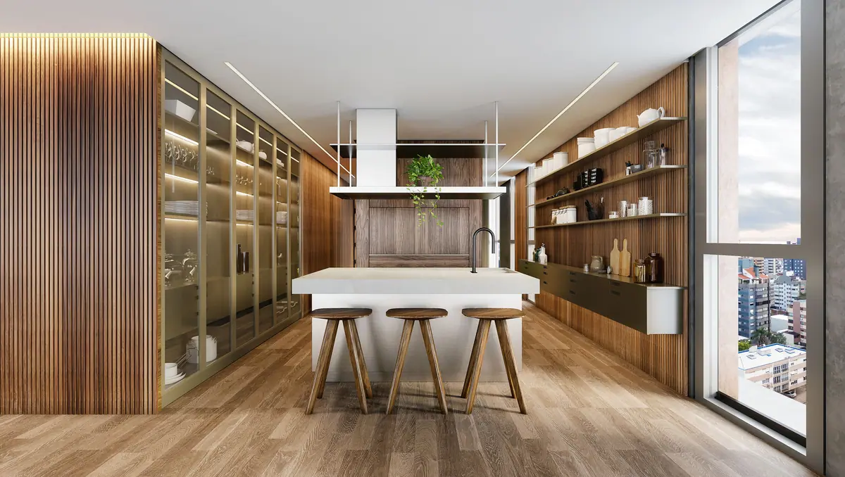 Kitchen with white island, wood slats and city view